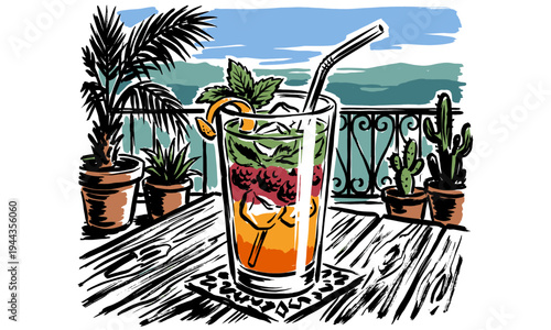 Summer vacation vibes. Refreshing berry mocktail artwork. Tropical paradise bar design. Sunset drink illustration for poster and apparel.