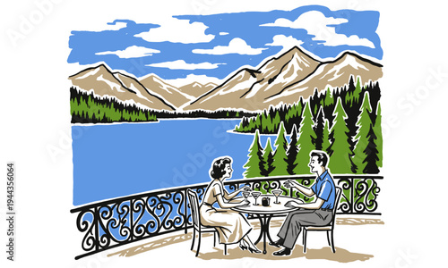 Mountain view retreat. Romantic getaway illustration. Vintage travel poster design, scenic lake dinner, retro couple dining artwork.