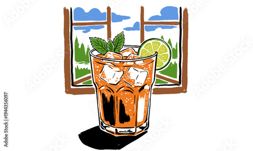 Summer refreshment vibes. Tropical ice tea drink with lime and mint. Food club artwork for t-shirt print, poster, sticker, and menu design.