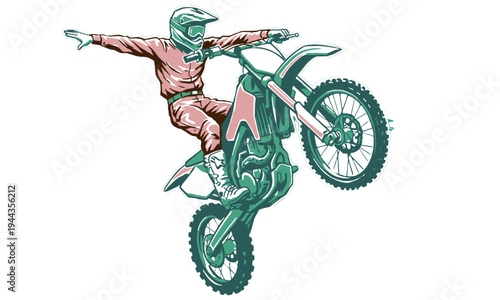 Master of gravity. Dirt bike stunt artwork. Extreme motocross racing style. Graphic print for apparel, stickers, and posters. Off-road adrenaline.