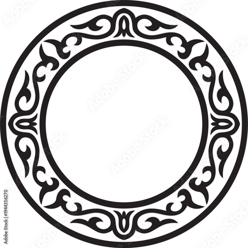Black monochrome round border. Tatar national ornament. Ethnic pattern of the Turkic peoples. Asian frame, ring, circle.