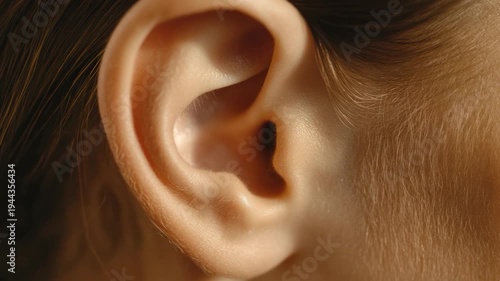 Close-up of a human ear showcasing fine details, textures, and subtle shadows with strands of hair