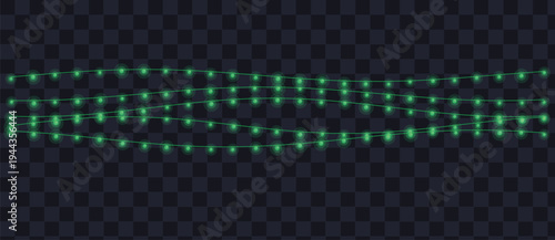 Three wavy horizontal lines of vibrant green glowing string lights illuminate a dark