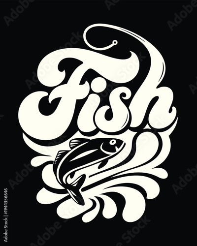 Monochrome stylized fish leaping upwards, surrounded by curved lettering and water droplet shapes creates depth