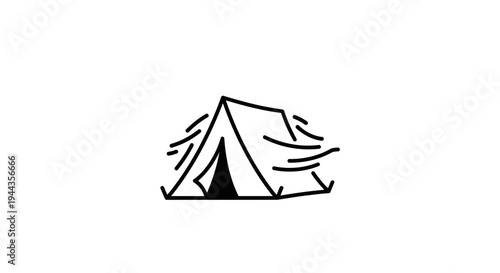 Minimalist Tent Icon in Wind, Camping Adventure Symbol, Outdoor Recreation Line Art