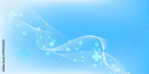 Blue healthcare background with plus signs and molecules. Suitable for medical presentations, healthcare websites, or scientific research articles. Stock vector illustration.