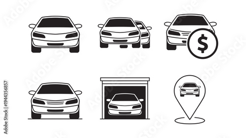 A clear and modern set of black line art icons representing various concepts related to cars and automotive business.