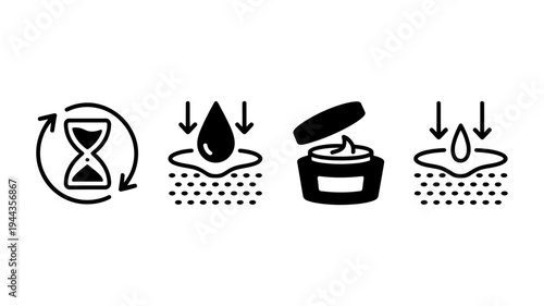 Skincare icons illustrating molecular composition, targeted injections into skin, and vital hydration effects on dermal layers.