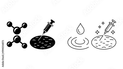 Elegant outline vector icons symbolizing skincare science, dermal hydration, cosmetic injections, and healthy glowing skin.