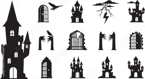 Black Silhouettes of Castle and Gothic Architectural Elements Collection