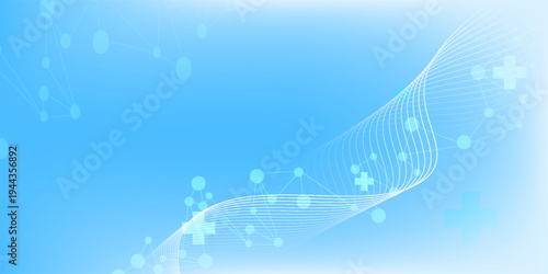 Blue healthcare background with plus signs and molecules. Suitable for medical presentations, healthcare websites, or scientific research articles. Stock vector illustration.