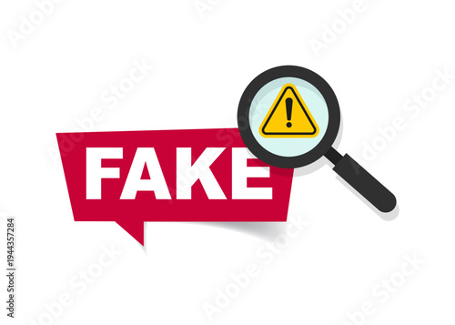 Magnifying glass inspecting red fake speech bubble stock illustration.