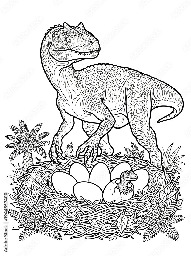Fototapeta premium Allosaurus Nest with Eggs Coloring Page - Dinosaur Hatching Scene