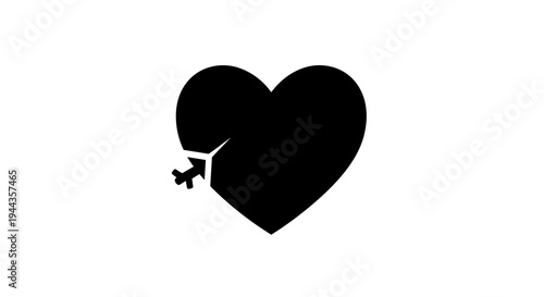 Heart shape with airplane flying out, symbolizing broken heart or travel love
