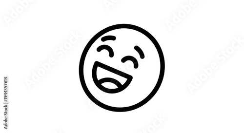 Laughing Emoji Icon: Joyful Face with Open Mouth and Closed Eyes, Simple Line Art