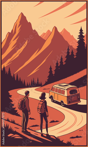 Vintage travel illustration of a couple with backpacks standing on a winding mountain road looking at a retro camper van during sunset.