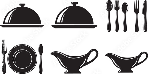 Black and white kitchen utensils and dishware icons set