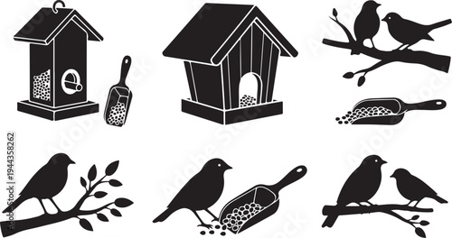 Birds and bird feeders in simple black and white