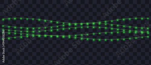 Three wavy strings of vibrant green Christmas lights glow brightly on a dark transparent surface