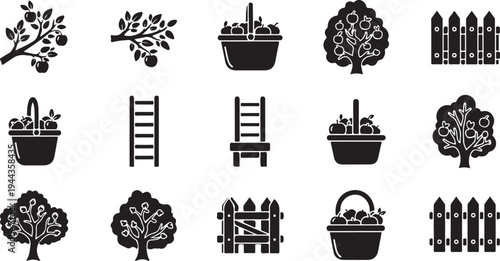 Garden icons and symbols in black and white illustrations
