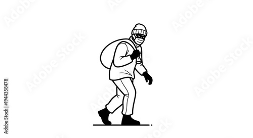 Burglar with a sack, wearing a mask and beanie, walking stealthily