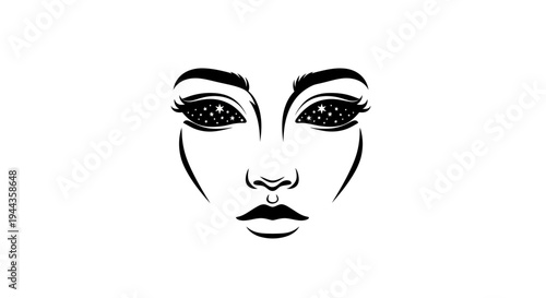 Cosmic Eyes: Woman Face with Starry Eyes and Eyelashes, Black and White Line Art