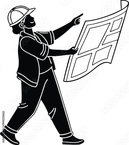 Female construction worker wearing a hard hat and holding a blueprint plan while pointing forward in a minimalist black and white vector illustration style.