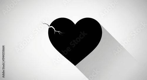 Cracked Black Heart Silhouette with Shadow on Textured Gray Background, Symbolizing Sadness and Broken Love