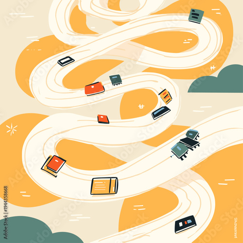 Glowing Data Packet Navigating a Circuit Board Maze