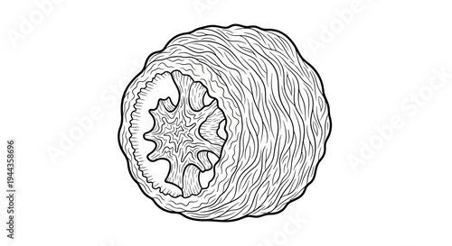 Cross section of a hollow, fibrous, spherical object with intricate internal structure, black and white illustration.