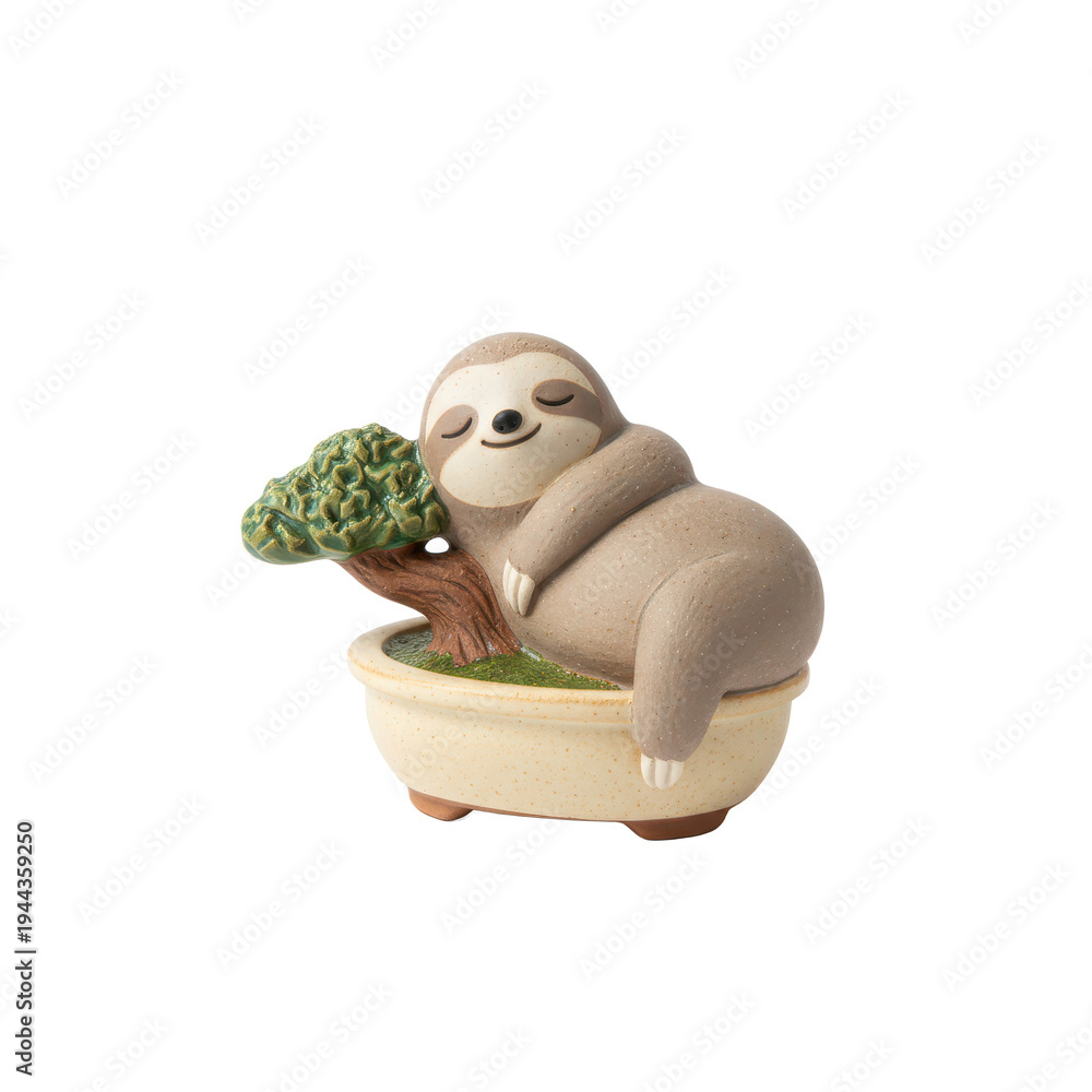 Fototapeta premium Cute Sloth Figurine Sleeping on a Bonsai Tree