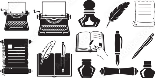 Vintage writing tools and stationery icons in black and white