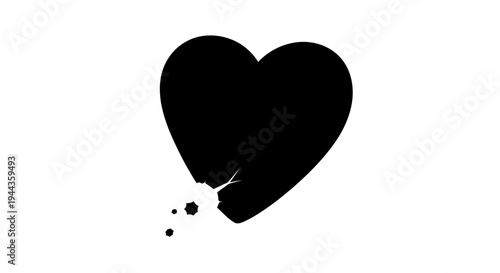 Broken Black Heart Symbol with Cracks and Splatters on White Background