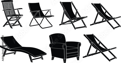 Beach deck chair silhouettes collection featuring folding wooden lounge chairs sunbed outdoor furniture set and comfortable recliner armchairs for summer vacation.