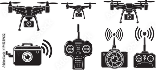 Drone and remote control illustrations in black and white