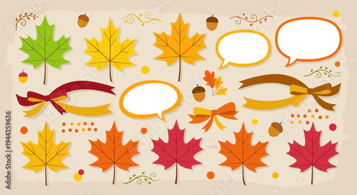 Autumn Fall Leaves Speech Bubbles Ribbons Acorns Seamless Pattern Background