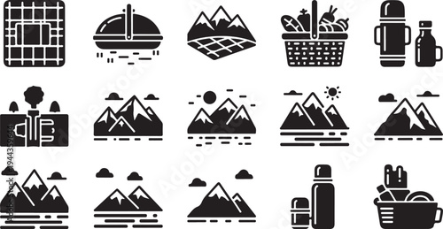 Black and white mountain icons with outdoor recreation symbols