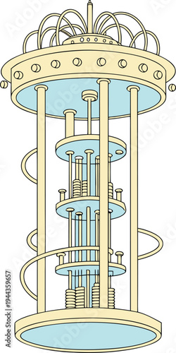 Quantum computer dilution refrigerator illustration featuring a vintage scientific design with clean lines and flat colors isolated on a white background for technology.