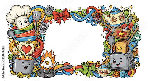 Funny Cooking Frame with Cute Kitchenware and Food Characters
