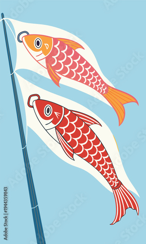 Japanese koinobori carp streamers flying from a bamboo pole against a clear blue sky in a minimalist flat vector illustration for Children's Day.