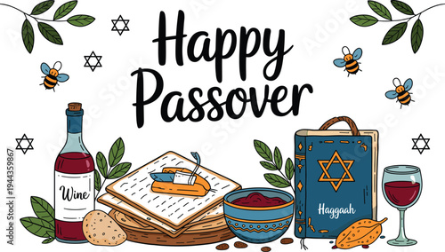 Happy Passover Celebration Illustration with Matzah Wine and Haggadah