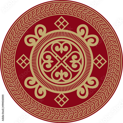 Vector golden and red round Yakut ornament. Endless circle, border, frame of the northern peoples of the Far East.