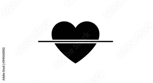 Black Heart Icon Cut by Horizontal Line, Symbolizing Broken Heart, Sadness, or Loss
