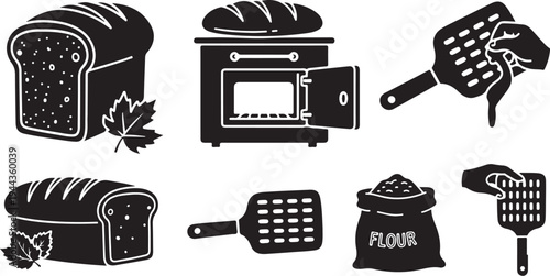 Baking icons set with bread and kitchen tools illustrations