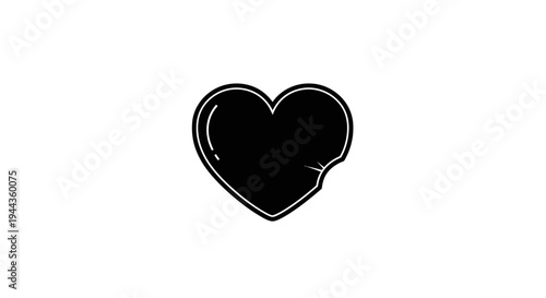 Black Heart Icon with Bite Mark, Symbol of Broken Love or Sadness, Isolated on White Background