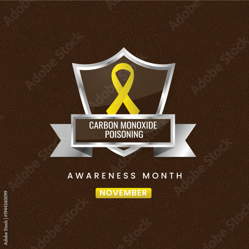 Secure shield emblem with a yellow ribbon for Carbon Monoxide Poisoning Awareness Month in November, featuring a metallic silver frame and a decorative patterned brown background vector.