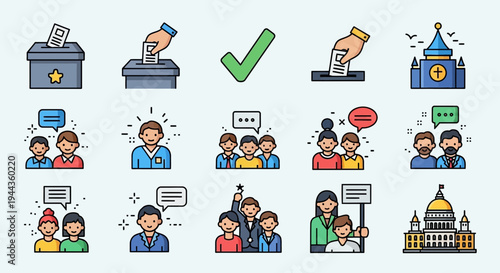 Voting and Democracy Icons: Ballot Box, Election, People Talking, Government Buildings