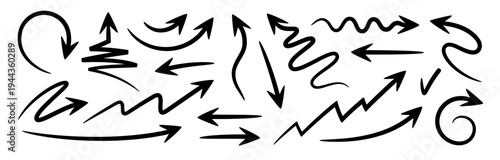 Arrow set. Collection infographic arrow. Hand-drawn arrow, marker brush strokes. Dynamic underline, marker brush effect. Professional arrow symbol collection, business infographic. Vector Illustration