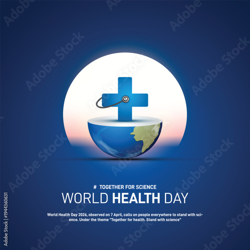 world health day 2026. world health day concept banner, poster, social media post, postcard, background, backdrop, template, greetings card, cover design. Together for science