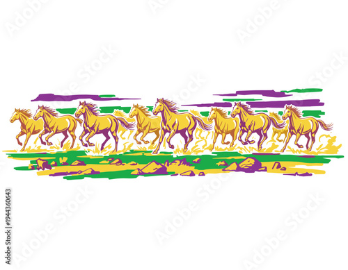Wild horses running graphic design. Freedom and speed artwork. Group of horses illustration. Dynamic animal artwork for apparel. Running horses with M